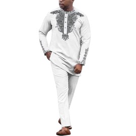 HD Men's Embroidery African Attire Traditional Dashiki Top and Pants 2 Pieces White Wedding Suit 2XL