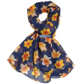 GFM® Women's Daffodil Flower Print Scarf - Welsh National Symbol Flower - All Seasons Scarf (Blue) (SA-PSCF-DAF-05-GHNL)