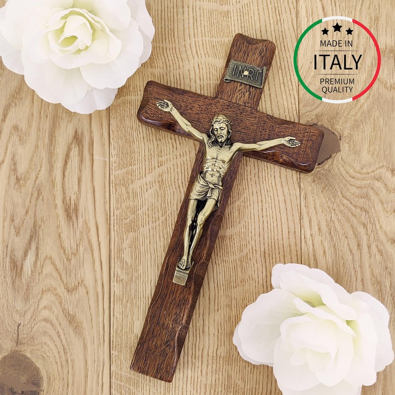 Wooden Crucifix - Wall Mounted - Christ Brass Plated -