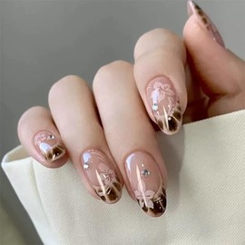 Short Press on Nails Almond - Brown French Fake Nails with Flower Crack Design - Fall False Nails Full Cover Stick on Press ons - for Women Manicure 24 Pcs