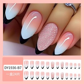 Ombre Pink White Press on Nails Short Almond Fake Nails with Pink Glitter Design Black Tips False Nails Full Cover Light Pink Stick on Nails Glossy Summer Acrylic Nails for Women Girls Manicure 24Pcs