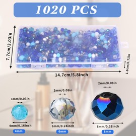 TAIHOBO 1020pcs Glass Beads for Jewellery Making Blue, 4 6 8mm Crystal Beads for Stringing, Faceted Beads for Crafting, 7 Colours of Faceted Pearls for Bracelet Earrings Curtain Pendant Making (Blue)