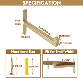 AddGrace 4 Pcs Heavy Duty Shelf Brackets Metal Gold Shelf Brackets Wall Mounted Rustic Floating Shelf Bracket with Lip（Gold） 6"