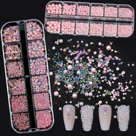 VOTACOS Nail Art Rhinestones Pink Nail Charms Resin Clear Jelly Rhinestones Pearls Glitter Supplies Crystal Gems Bubble Bead Accessories for Women Manicure Decorations Design
