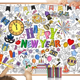 HOWAF Paper Tablecloth for Colouring New Year's Eve Decoration 2025, Happy New Year Colouring Tablecloth Happy New Year Colouring Tablecloth Children New Year's Eve Tablecloth New Year's Eve Crafts