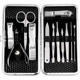 Triko Kit para Uñas, Set de 12 Piezas de manicura de Acero Inoxidable, Kit de Manicura y Pedicura, Cortaúñas, Kit de Aseo Profesional, Herramientas de Uñas con Lujoso Estuche de Viaje. (NEGRO)