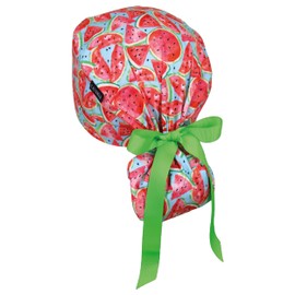 CALOMED Scrub Cap for Women and Men, Ponytail Scrub Caps, Working Hat, Head Cover with Ribbon Ties and Buttons, Long Hair (Watermelons)