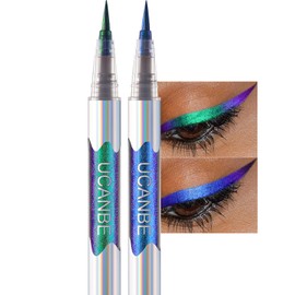 UCANBE Chameleon Liquid Eyeliner - Green Blue Duo, Multi-Chrome Metallic Shift Eyeliner, Waterproof Glitter Eyeliner with Soft Fine Tip for Multi-Dimensional Eye Looks