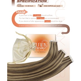 Sunny Hair Tape in Hair Extensions Real Human Hair Invisible Remy Hair Extensions Tape ins for Women Dark Brown Highlight Caramel Blonde 24 inch 20Pcs 50G