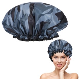 Oruola Double Layer Shower Cap for Women,Camouflage Design,Waterproof and Reusable Plastic Shower Caps for Long,Short and Curly Hair,Premium Silky Satin Shower Caps for Hair with Ruffles Covering Ears