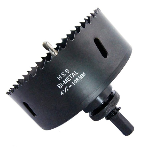 4.25inch Hole Saw LAIWEI Bi-Metal Hole Saw 108mm with Heavy Duty Mandrel, HSS 4-1/4"Hole Cutter for Metal Pipe, Wood, Sheet Metal, etc. 2 locking pins make the tool stronger and drilling easier