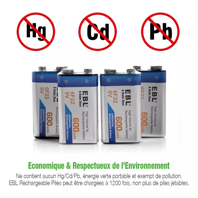 EBL 9V Rechargeable Batteries 9 Volt Lithium ion 600mAh Li-ion
