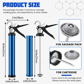 Lasnten 2 Pack Sausage Caulk Gun 20 oz Aluminum Cordless Sausage Caulking Gun with 4 Cone Nozzles, 18: 1 Thrust, Aluminum Sealant Hand Caulk Kit for Contractors (Blue)