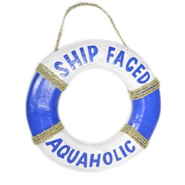 WorldBazzar 15" Hand Carved Lifesaver Buoy Ship Faced Aquaholic Cute Sign White Wash