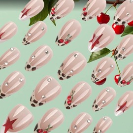 Leopard Print Press on Nails Cherry Gel Glue on Nail 24Pcs Cheetah Print Stick on Fingernails Glossy Red Stars Acrylic Fake Nail White French Tips Medium Almond False Nails for Coquette Women Girls