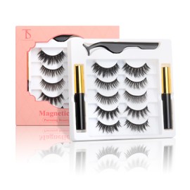 THINKSHOW Magnetic Eyelashes Kit, Long Lasting and Reusable Magnetic lashes Natural Look, 5 Pairs False Eyelashes with Magnetic Eyeliner & Tweezers, Easy to Wear, No Glue Needed(5-4)