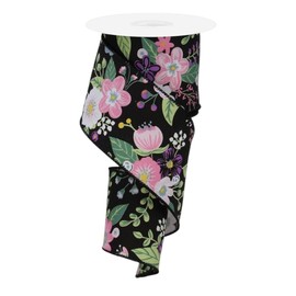 Graphic Florals Wired Edge Ribbon, 10 Yards (2.5 Inch, Black)