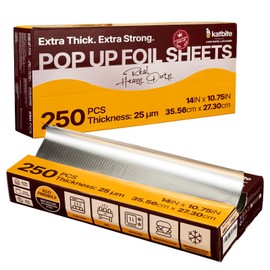 Katbite Pop Up Aluminum Foil Sheets, 250 Count Tin Foil, 14x10.75 Inch Heavy Duty 25 Micron Precut Food Wraps for Cooking, Baking, Grilling, Catering, Deli, Sandwiches and Burritos