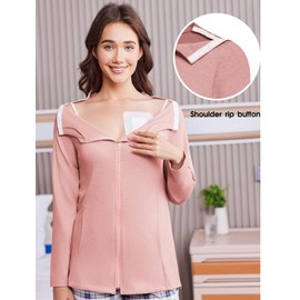Deyeek Mastectomy Shirts with Drain Pockets Post Shoulder Surgery Tops for Women Chemo Port Long Sleeve with Zippers Light Pink