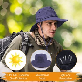 Fishing hat Wide Brim Sun Protection Hat with Breathable Safari hat and Fisherman hat Hiking Hats Boonie Hats for Man (Navy Blue)