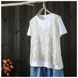 Qian qian Women's Vest, Lace, Openwork Knitting, U-neck, Sleeveless, Floral Pattern, Knit Top, Clean, Casual, Openwork, Retro, Knitting, Breathable, Vest, Commuting to Work, beige