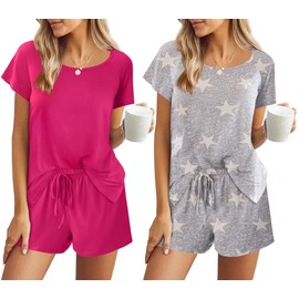 Ekouaer 2 Pack Pajamas Womens Short Sleeve Sleepwear Soft Crew Neck Pj Shorts Set Printed Loungewear Set with Pockets Star Print Rosy,Small
