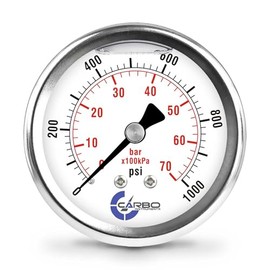 CARBO Instruments 2 1-2" Pressure Gauge, Stainless Steel Case, Chrome Plated Brass Connection, Lqiuid Filled, 0-1000 psi/kPa, Back Mount 1/4" NPT