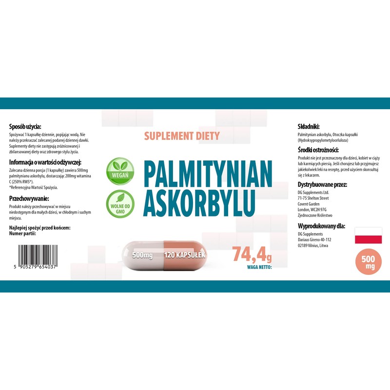 Ascorbyl Palmitate 500mg 120 Vegan Capsules, 3rd Party Lab Tested,