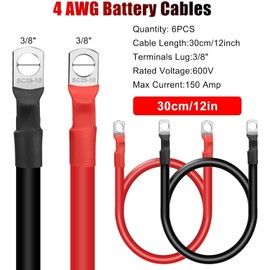 Linkstyle 6 PCS 4 AWG Battery Cables 12 Inch, 30CM Heavy Duty Marine Battery Power Inverter Copper Wire Set, with 3/8" Tinned Copper Lugs, for 12v-48V Automotive Solar, ATV, RV