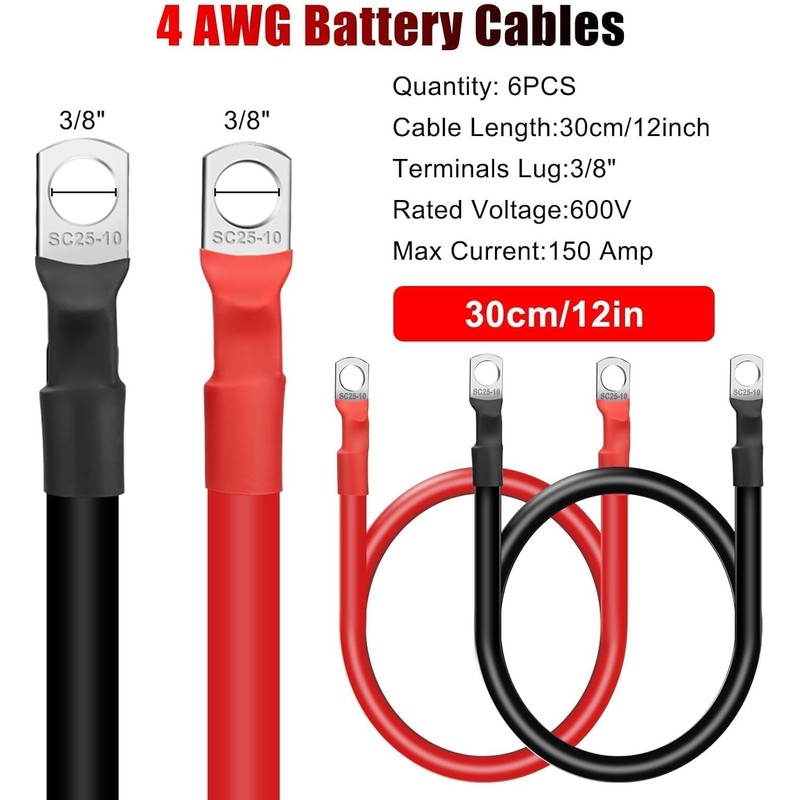 Linkstyle 6 PCS 4 AWG Battery Cables 12 Inch, 30CM
