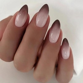 SINHOT Almond Press on Nails Medium Stiletto Fake Nails Brown Ombre Acrylic Nails Glossy Glue on Nails Artificial Nails Stick on False Nails with Design 24 pcs