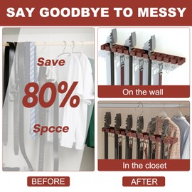 Belt Hanger for Closet Max 42 Belts, 2-in-1 Wall Mount Belt Organizer with 360° Rotating Hooks, Wooden Tie and Belt Rack for Closet Accessories Organizers and Storage, Walnut Wood