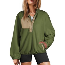 Dokotoo Sweatshirts or Women Color Block Button V Neck Long Sleeve Sweatshirt Lightweight Soft Fuzzy Sherpa Fleece Fall Fashion Hoodies Casual Oversized Pullover Trendy Winter Jacket Green Medium
