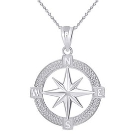 Fine 925 Sterling Silver Round North Star Compass Adventures Pendant Necklace, 20"