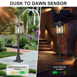 Starcurin Outdoor Post Lamp Long Pole Solar Powered Waterproof Exterior Solar Pathway Light Remote Control with Pier Mount Base, LED Dusk to Dawn Walkway Lighting with Water Ripple Glass