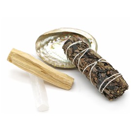 Soul Sticks Beginners Mini Smudge Kit Includes White Sage 3-4" Abalone Shell Selenite Wand and Palo Santo with Smudging Guide (Black Sage)