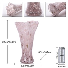 9.0" H Pink Glass Vases for Flowers, Hand Blown Glass Vase Pink Home Decor, Wide Mouth Flower Vase Centerpieces, for Bookshelf,Dinner Table,Indoor Office Desktop,Meeting Room,Bathroom,Countertop