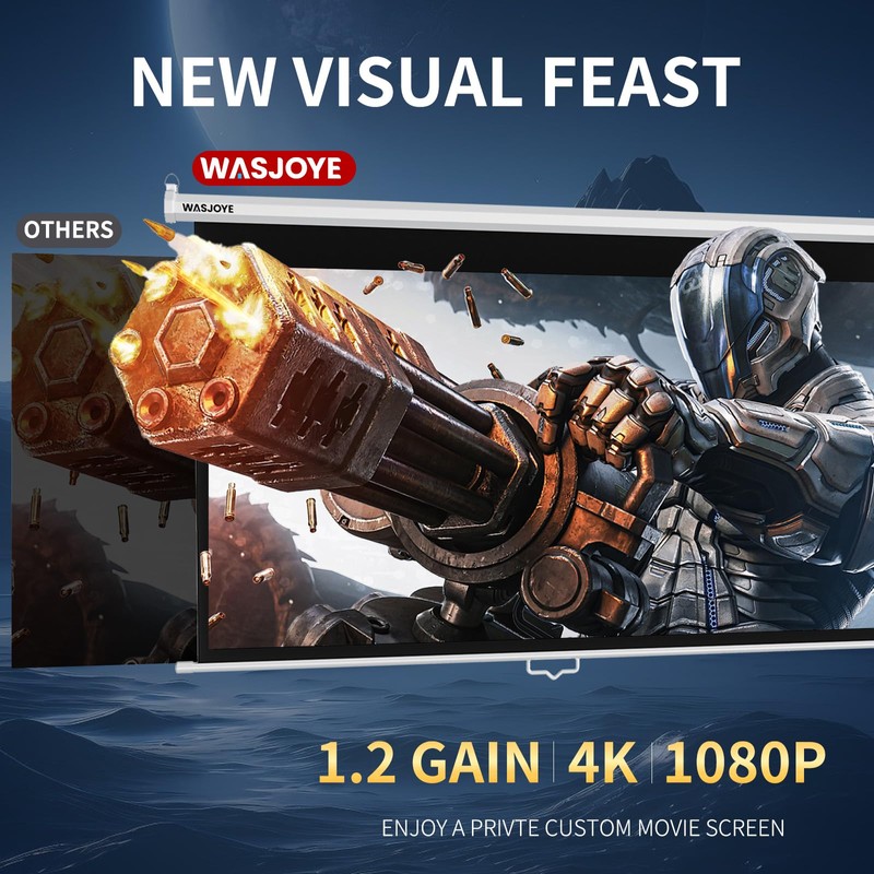 WASJOYE 100'' Manual Pull Down Projector Screen - 4K HD