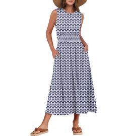 Prinbara Womens Summer Maxi Dress Casual Sleeveless Aline Flowy Long Sundress 2025 Spring Vacation Boho Dresses with Pockets Floral Dark Blue Large