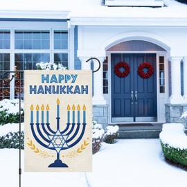 Louise Maelys Happy Hanukkah Garden Flag Chanukah Light Menorah Double Sided 12x18 Inch Small Burlap Welcome Winter December Holiday Yard Outdoor Flag Outside Home Decor (Only Flag)