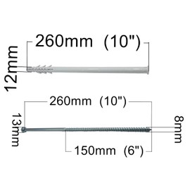 HAFD 10" Heavy Duty Wall Anchor for Coach Screws 8x260mm with 12x260mm Plastic Plugs, Strong Fixings for Brick, Concrete, and Stone 10inch Pack of 4