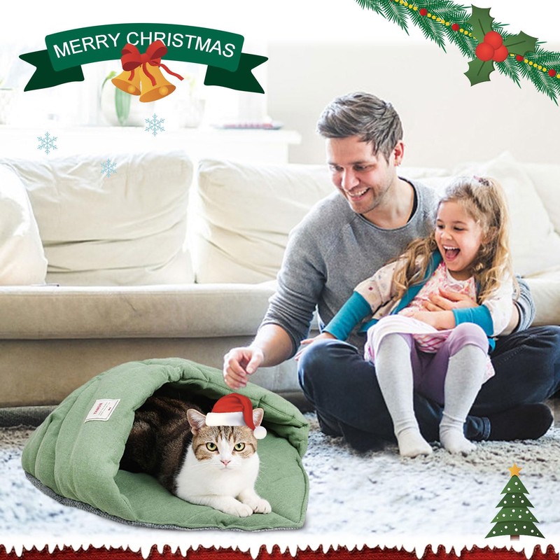 Cat Sleeping Bag,Linen Fabric Cat Bed Cave Leaf Nest Pet