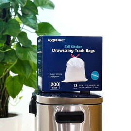HygiCare 13 Gallon Tall Kichen Trash Bags, Unscented 200 Count Drawstring Garbage Bags, Pre-Separated, Ultra Strong, Leakproof, Sturdy, White