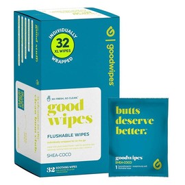 Goodwipes Flushable Wipes – Made with Vitamin E & Aloe – Soft, Individually Wrapped Butt & Feminine Cloths for On-the-Go & Travel Use – Largest Adult Toilet Towelettes – Rosewater, 1 pack, 32 count - Scent: Shea Coco, Size: 32 Count (Pack of 1)