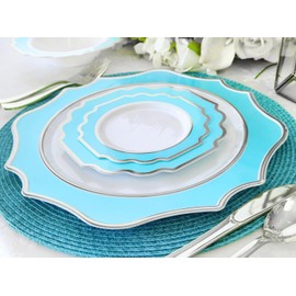 OCCASIONS 320 Piece set (40 Guests)-Heavyweight Wedding Party Disposable Plastic Plate Set -40 x 10.5'' + 40 x 8''+Silverware+Cups+Napkins (Imperial Turquoise Blue/Green & Silver)