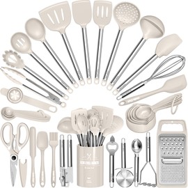 Kitchen Utensils Set-Umite Chef 34 Pcs Silicone Cooking Utensils Set for Nonstick Cookware-Silicone Spatulas Set, Stainless Steel Handle-Khaki Kitchen Gadgets Tools, Pots and Pans Accessories