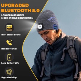 Keains Bluetooth Beanie with Light, Musical Knit Hat with Headphones and Built-in Speaker Mic, Gifts for Men Women Dad Grey