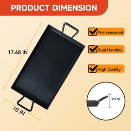 Keleday 17.6 x 10 Inch Cast Iron Griddle Pan - Flat Top Grill Plate for All Stovetops Including Induction, Oven Safe, Pre-Seasoned Non-Stick