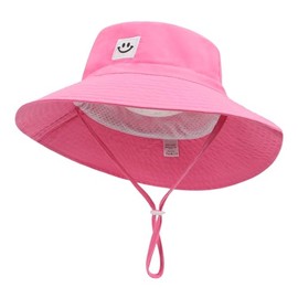 Ducclucc Baby Sun Hat UPF 50+ Wide Brim with Smile Face, Adjustable Chin Strap, Lightweight for Boys Girls(US, Age 2-7 Years, Rose Red)
