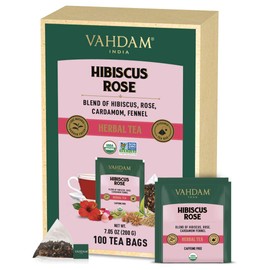 VAHDAM, ORGANIC Hibiscus Rose Herbal Tea (100 Tea Bags) | 100% Natural Ingredients | CAFFEINE FREE Hibiscus Tea | Floral Flavour Tisane | Hibiscus Rose Petals + Exotic Spices